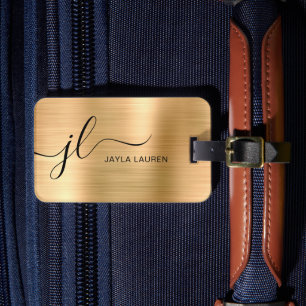 Monogram Script Faux Gold Metal Steel Bagagelabel