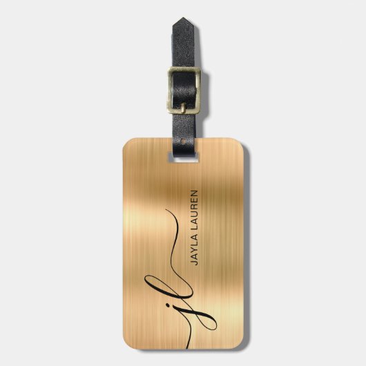 Monogram Script Faux Gold Metal Steel Bagagelabel (Voorkant verticaal)