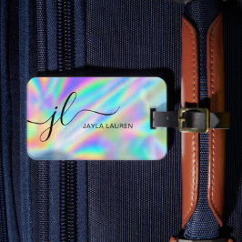 Monogram Script Faux Holographic Rainbow Bagagelabel