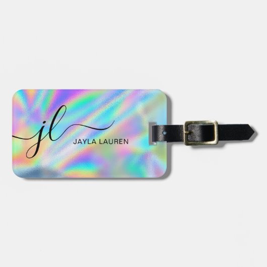 Monogram Script Faux Holographic Rainbow Bagagelabel (Voorkant horizontaal)