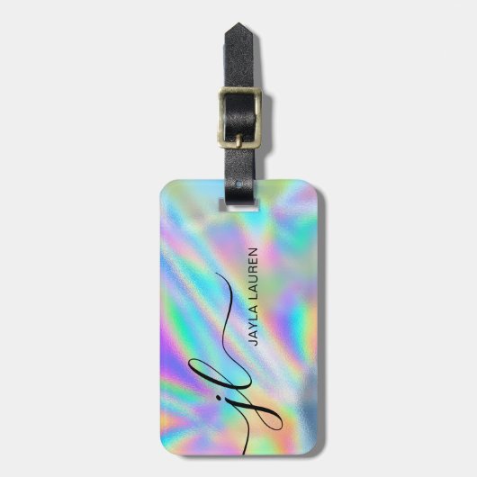Monogram Script Faux Holographic Rainbow Bagagelabel (Voorkant verticaal)