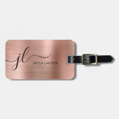 Monogram Script Faux Roos Gold Metal Steel Bagagelabel (Voorkant horizontaal)
