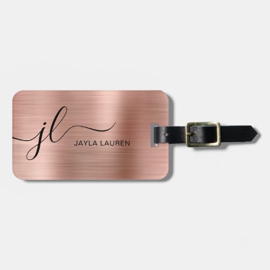 Monogram Script Faux Roos Gold Metal Steel Bagagelabel (Voorkant horizontaal)