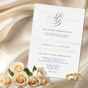 Monogram Script Gold White Black Wedding Folie Uitnodiging