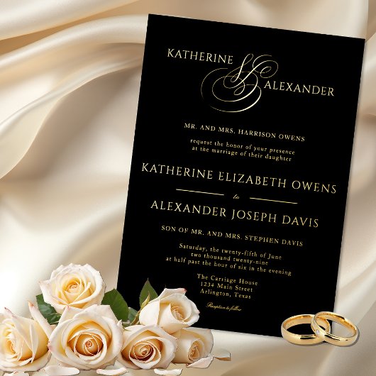 Monogram Script Goud Zwart Trouw Folie Uitnodiging
