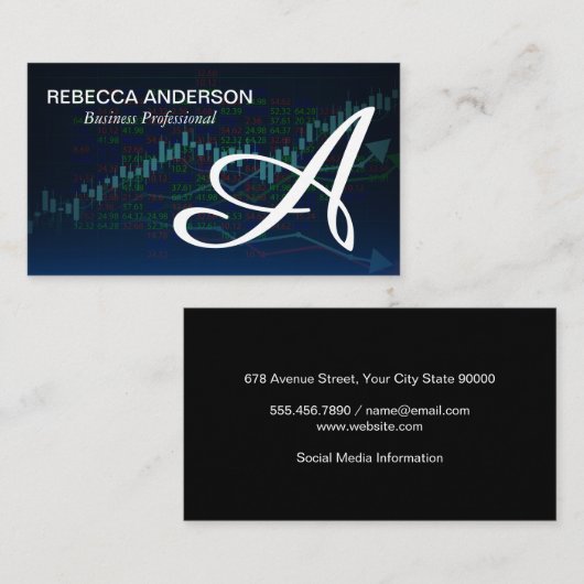 Monogram Script grijs | Standen financiële grafiek Visitekaartje (Voorkant / Achterkant)