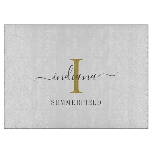 Monogram Script Handlettering Naam Goud Grijs Snijplank (Voorkant)