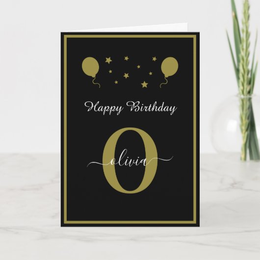 Monogram Script Happy Birthday Black White Gold Kaart (Voorkant)