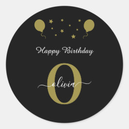 Monogram Script Happy Birthday Black White Gold Ronde Sticker