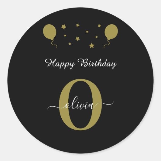 Monogram Script Happy Birthday Black White Gold Ronde Sticker (Voorkant)
