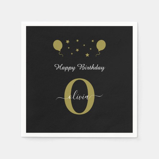 Monogram Script Happy Birthday Black White Gold Servet (Voorkant)