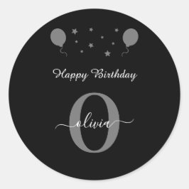 Monogram Script Happy Birthday Black White Grey Ronde Sticker