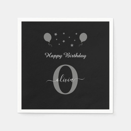 Monogram Script Happy Birthday Black White Grey Servet (Voorkant)