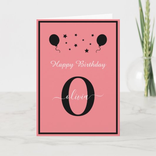 Monogram script Happy Birthday Black White Roze Kaart (Voorkant)