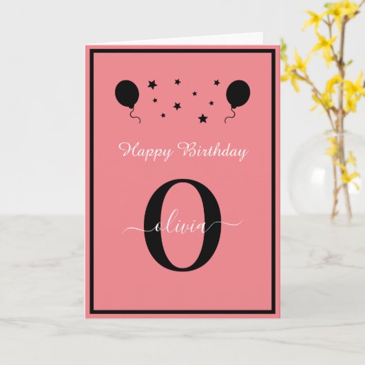 Monogram script Happy Birthday Black White Roze Kaart (Gele Bloem)