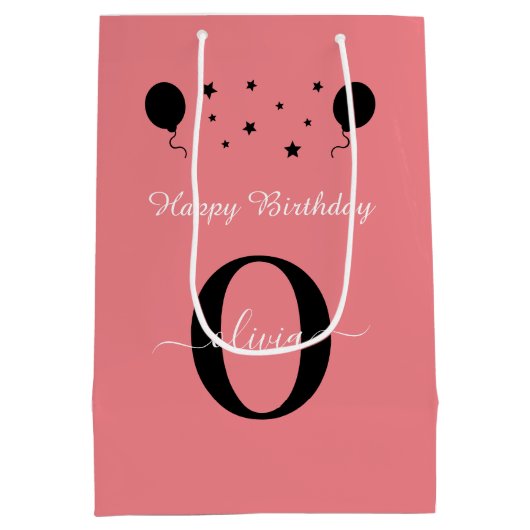 Monogram script Happy Birthday Black White Roze Medium Cadeauzakje (Achterkant)