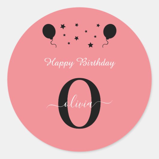 Monogram script Happy Birthday Black White Roze Ronde Sticker (Voorkant)