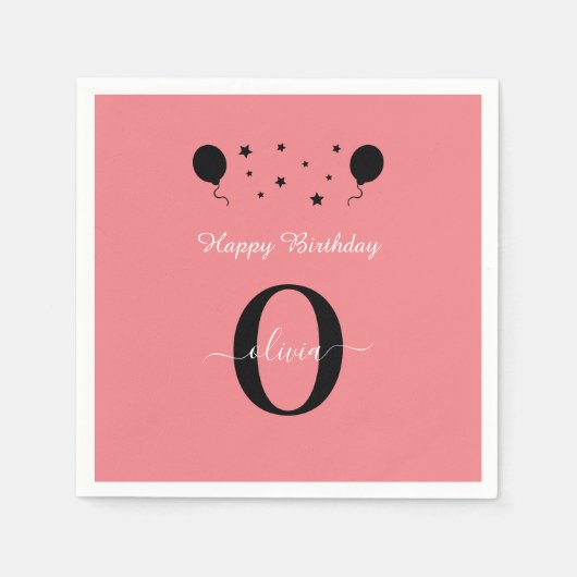 Monogram script Happy Birthday Black White Roze Servet (Voorkant)