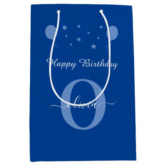 Monogram script Happy Birthday Blue en White Medium Cadeauzakje (Voorkant)