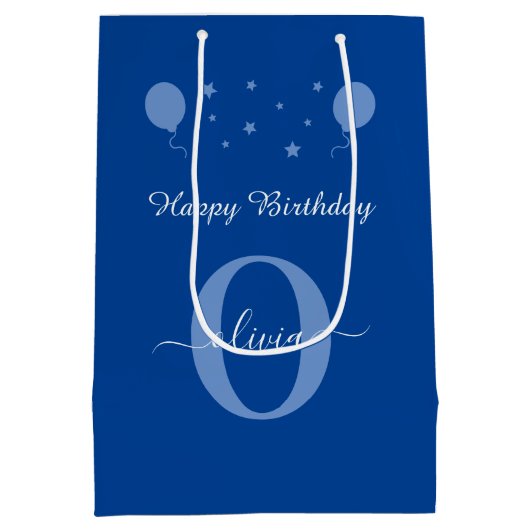 Monogram script Happy Birthday Blue en White Medium Cadeauzakje (Achterkant)