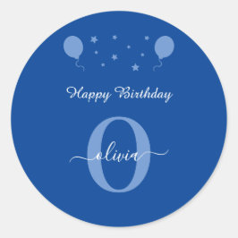 Monogram script Happy Birthday Blue en White Ronde Sticker