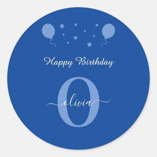 Monogram script Happy Birthday Blue en White Ronde Sticker (Voorkant)