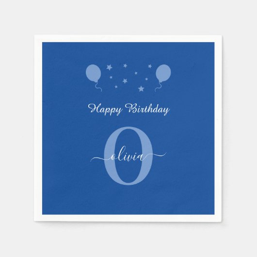 Monogram script Happy Birthday Blue en White Servet (Voorkant)