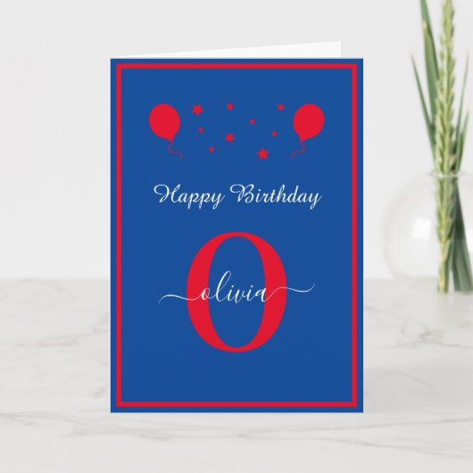 Monogram script Happy Birthday Blue Red Kaart (Voorkant)