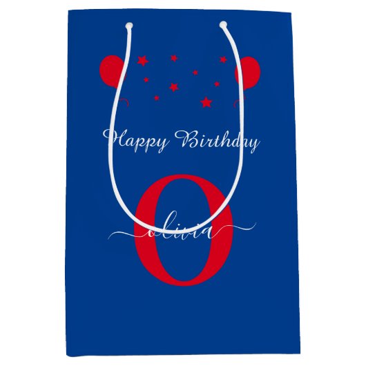 Monogram script Happy Birthday Blue Red Medium Cadeauzakje (Voorkant)
