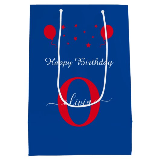 Monogram script Happy Birthday Blue Red Medium Cadeauzakje (Achterkant)