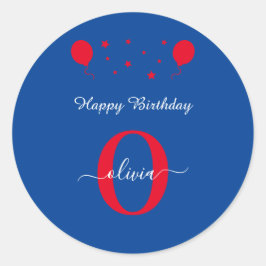 Monogram script Happy Birthday Blue Red Ronde Sticker