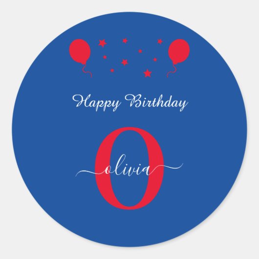Monogram script Happy Birthday Blue Red Ronde Sticker (Voorkant)