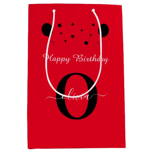 Monogram script Happy Birthday Red White Medium Cadeauzakje (Voorkant)