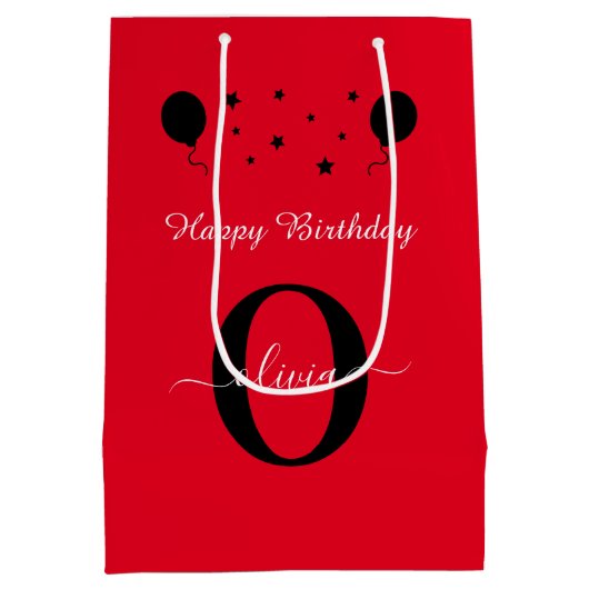 Monogram script Happy Birthday Red White Medium Cadeauzakje (Achterkant)