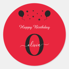 Monogram script Happy Birthday Red White Ronde Sticker
