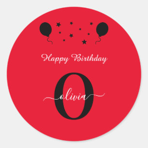 Monogram script Happy Birthday Red White Ronde Sticker