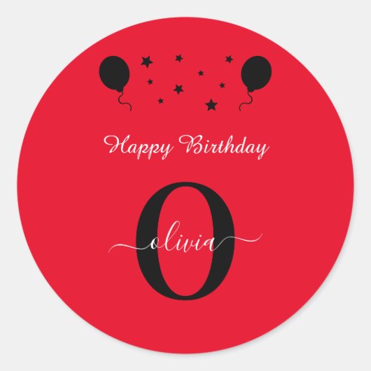 Monogram script Happy Birthday Red White Ronde Sticker (Voorkant)