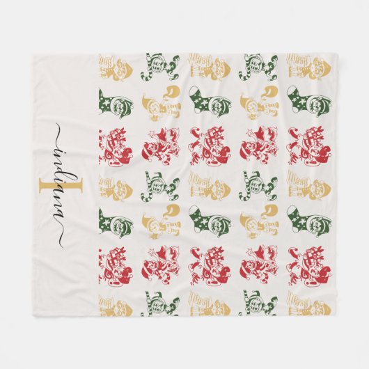 Monogram Script Holiday Elves Green Gold Fleece Deken (Voorkant (Horizontaal))