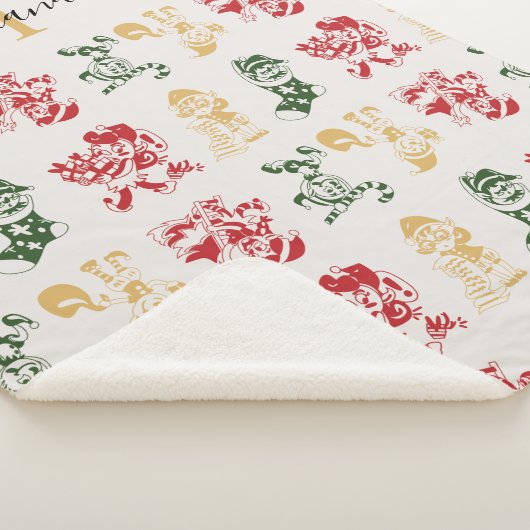 Monogram Script Holiday Elves Pattern Green Gold Sherpa Deken (3/4)