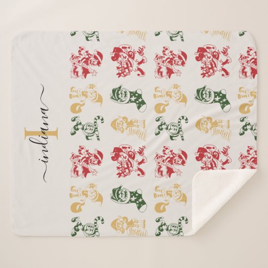 Monogram Script Holiday Elves Pattern Green Gold Sherpa Deken (Voorkant (horizontaal))