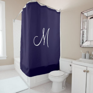 Monogram Script Initiaal Navy Blue White Minimal Douchegordijn