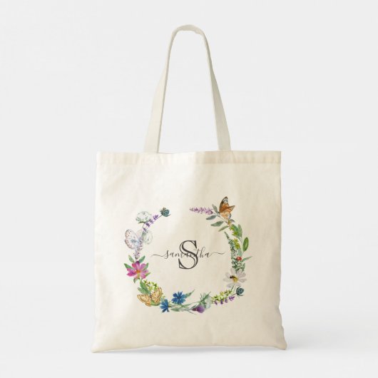 Monogram Script Kalligrafie Vlinders Bloemen Tote Bag (Achterkant)