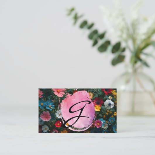 monogram script | Kleurrijke bloemen Visitekaartje (Staand voorkant)