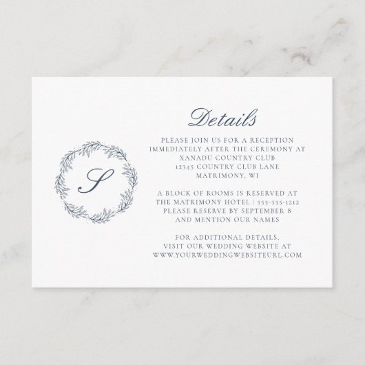 Monogram Script Krans Indigo Blue Wedding Details Informatiekaartje (Voorkant)