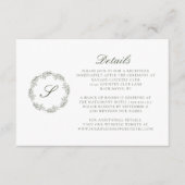 Monogram Script Krans Olive Green Wedding Details Informatiekaartje (Voorkant)