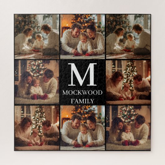 Monogram Script Multi Photo Family Gift Legpuzzel (Verticaal)