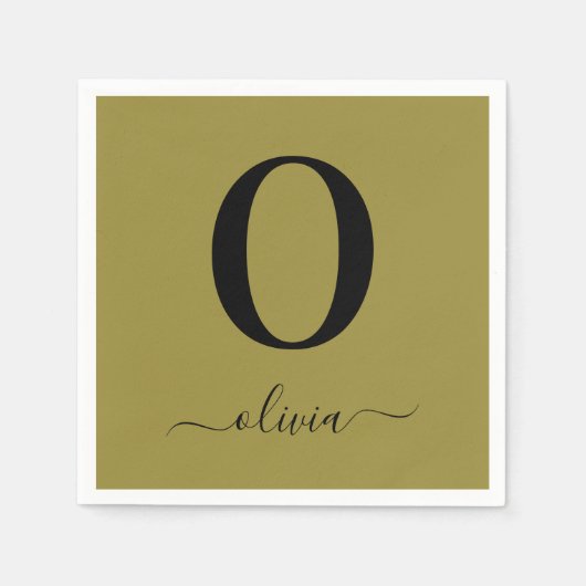 Monogram Script Naam Gepersonaliseerd Goud en Zwar Servet (Voorkant)