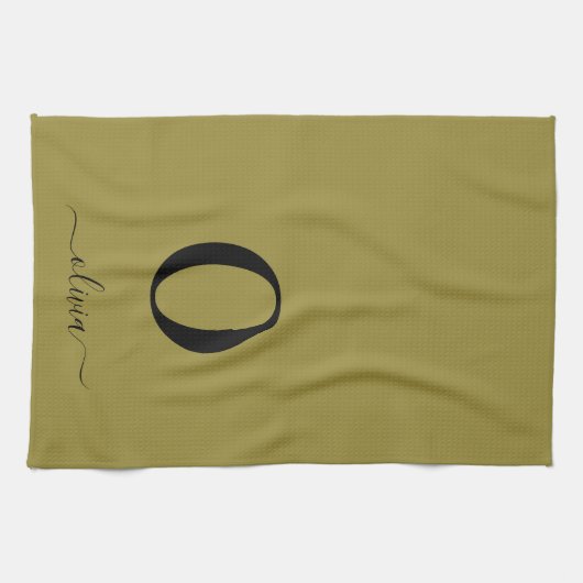 Monogram Script Naam Gepersonaliseerd Goud en Zwar Theedoek (Horizontaal)