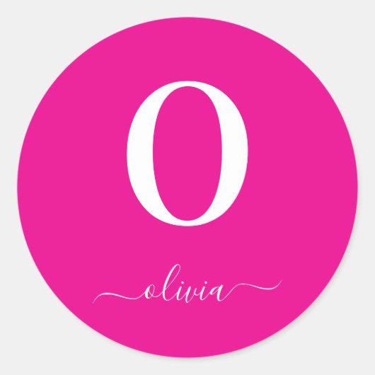 Monogram Script Naam Gepersonaliseerd Hot Pink Whi Ronde Sticker (Voorkant)