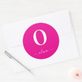 Monogram Script Naam Gepersonaliseerd Hot Pink Whi Ronde Sticker (Envelop)